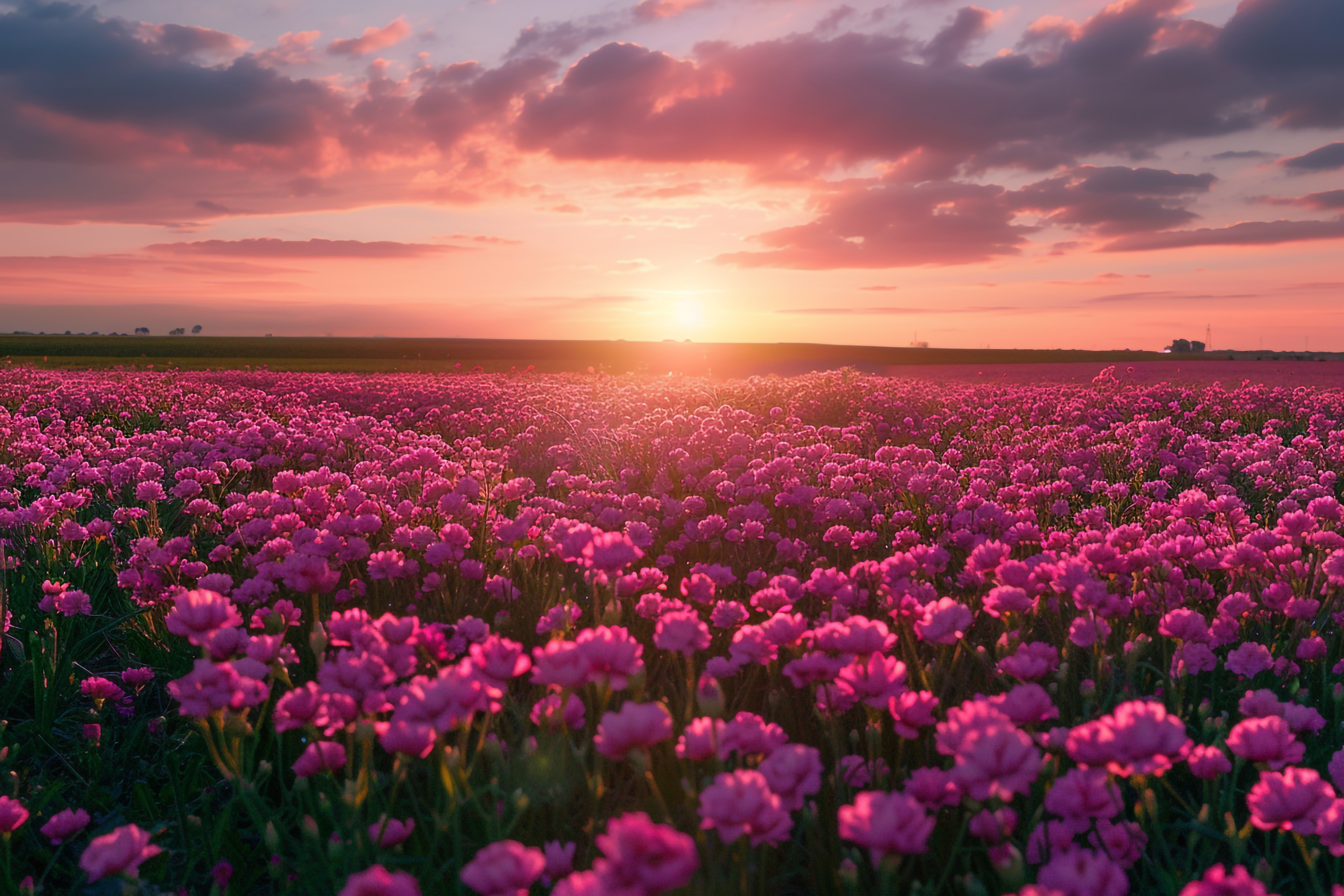 A field of pink flowers at sunset